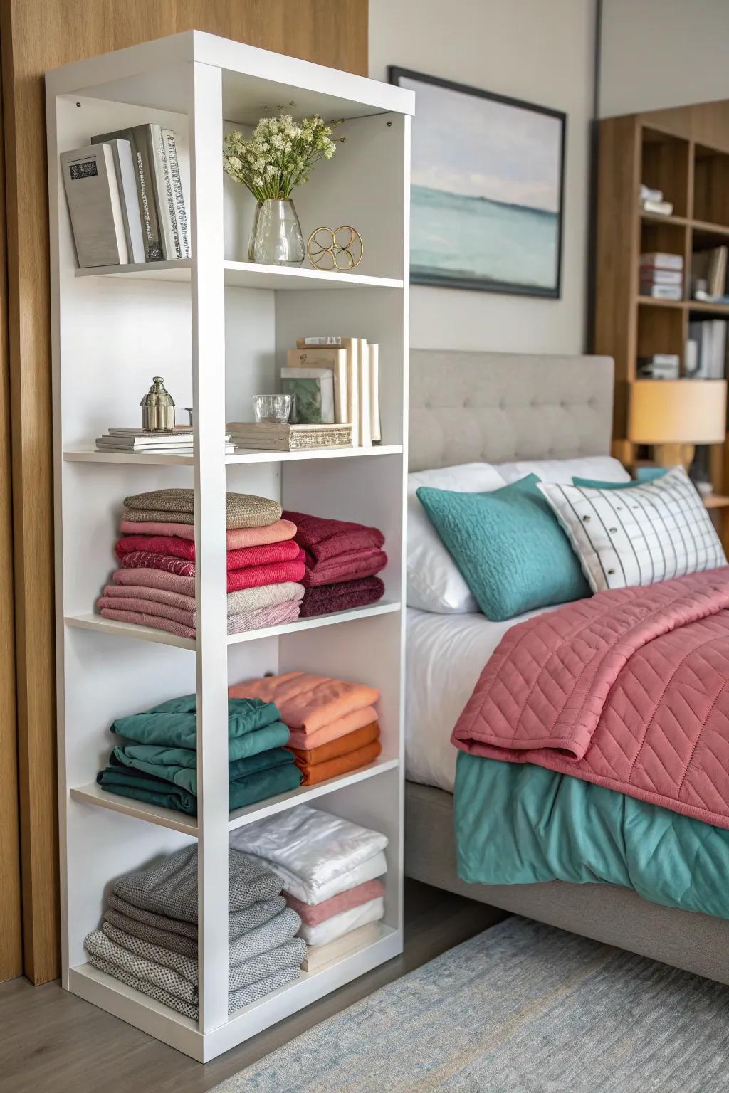 Duvets neatly arranged on a modern shelving unit.