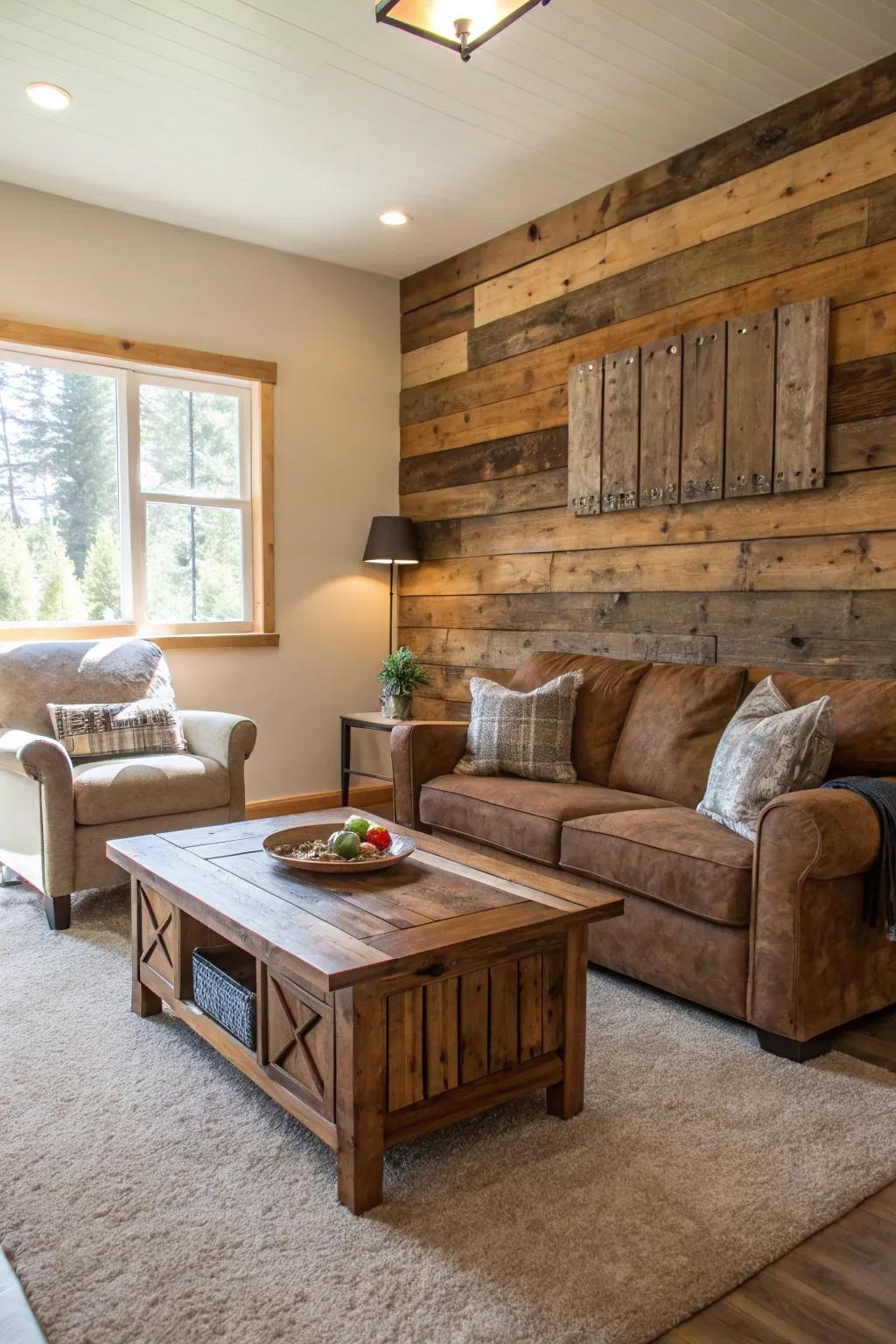 Lounge showcasing salved timber furniture and a feature wall.