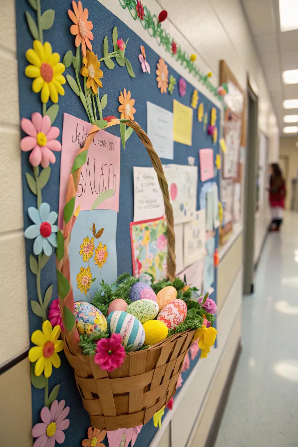 A grand Easter basket filled with vibrant eggs and flowers.