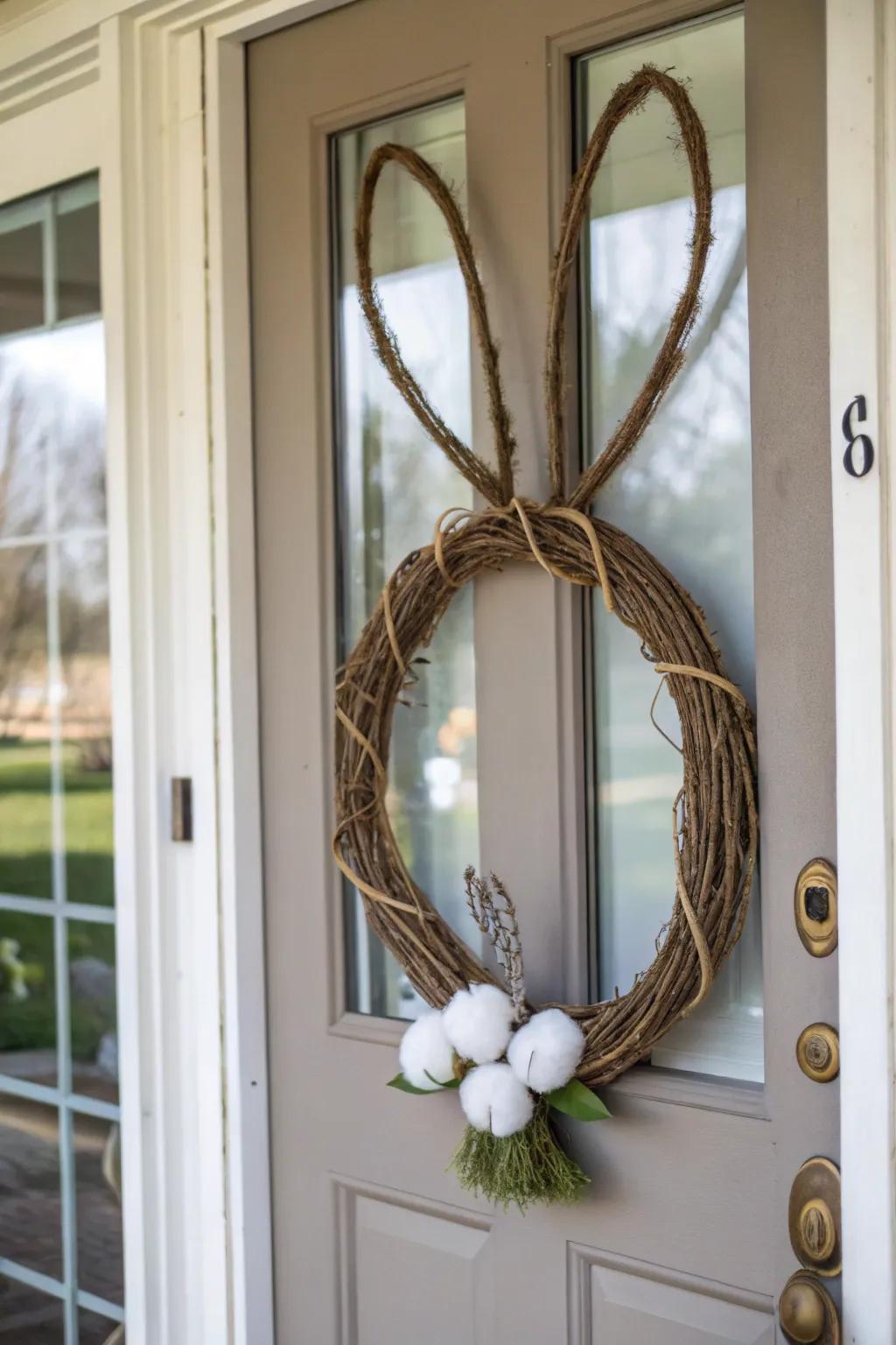 An adorable rabbit-shaped wreath spreads Easter happiness at the doorstep.