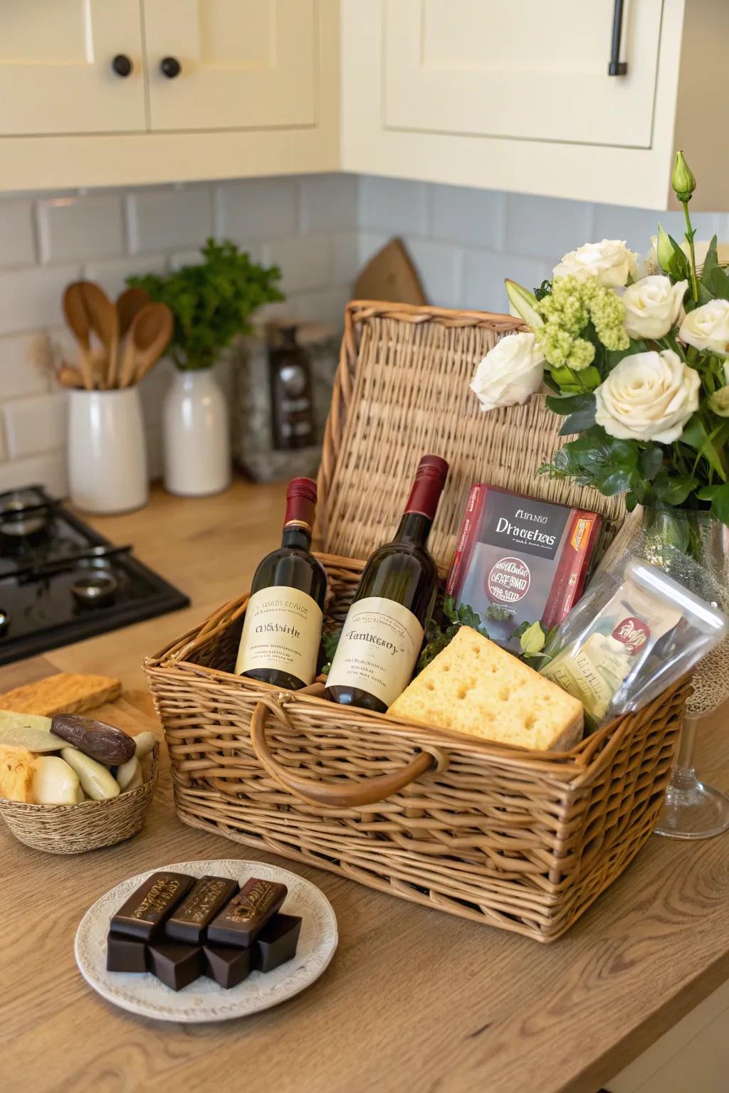 Treat yourself to an elegant food basket brimming with delightful delicacies.