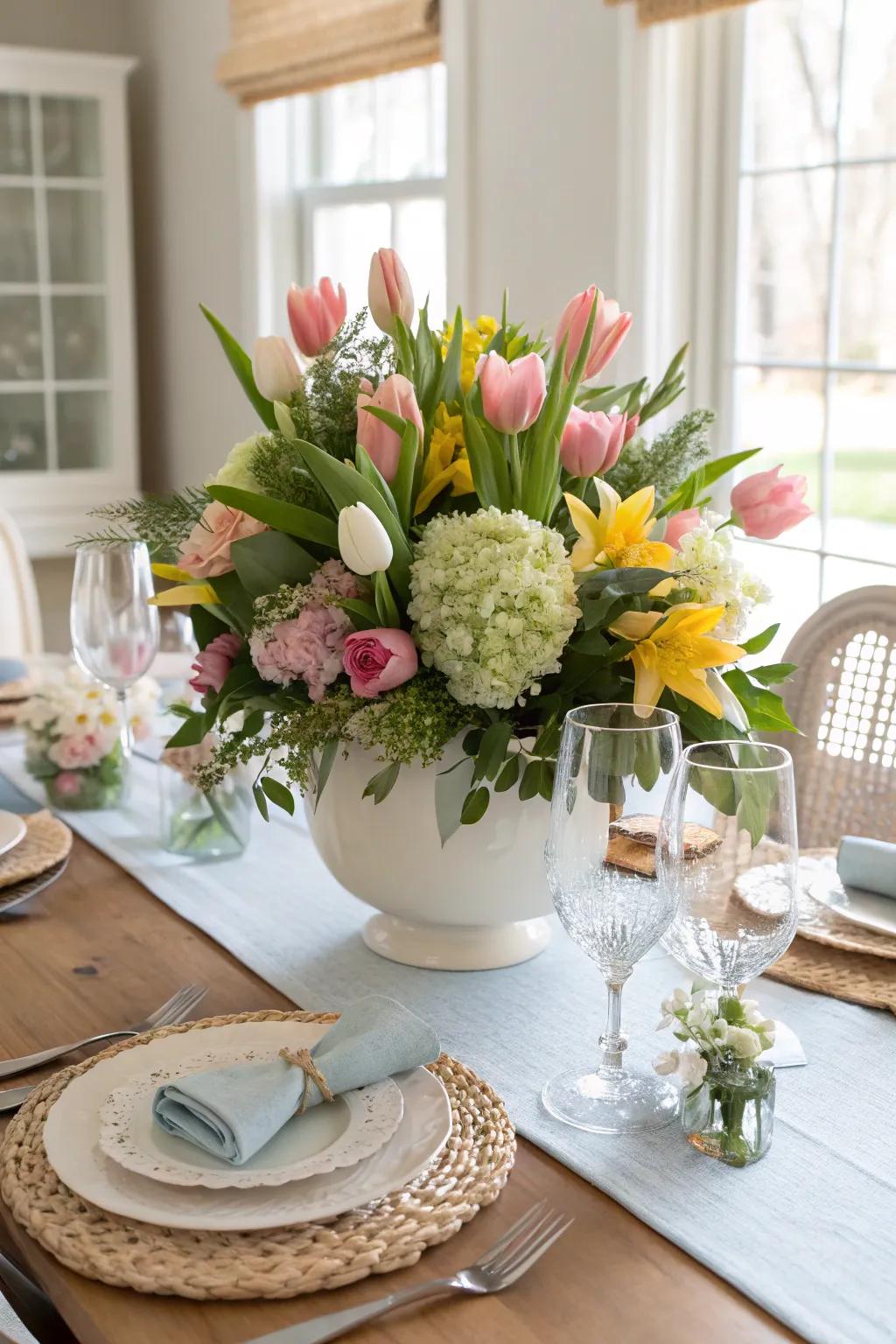 A full, vibrant, floral arrangement, bringing spring indoors.