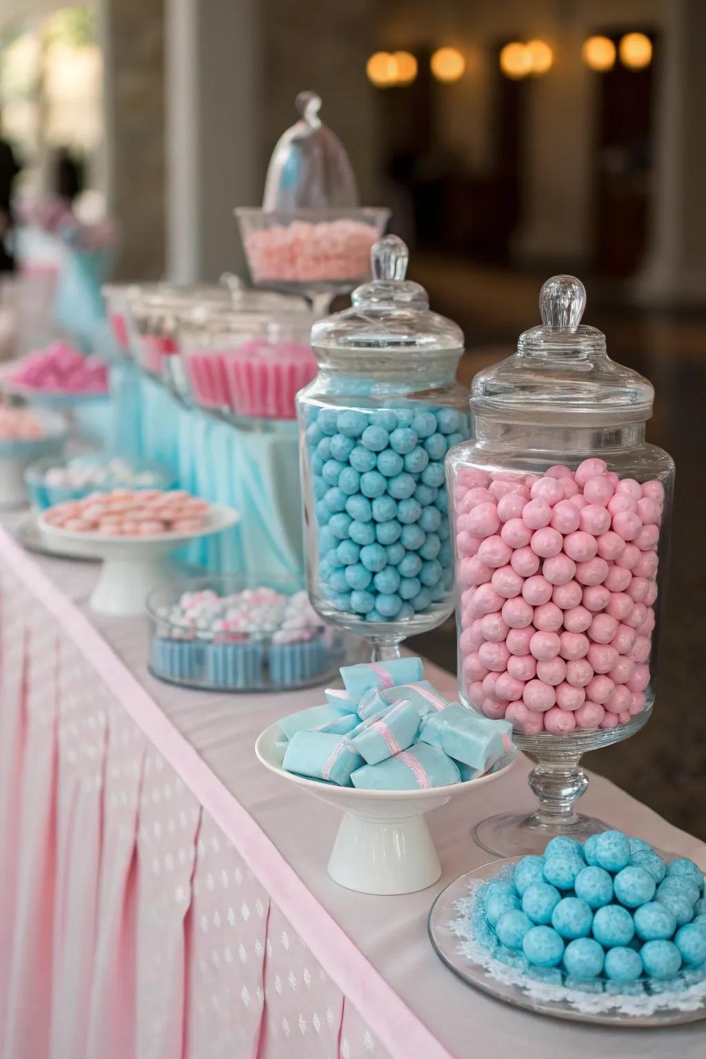 A candy station in pastel hues, perfect for a baby shower.