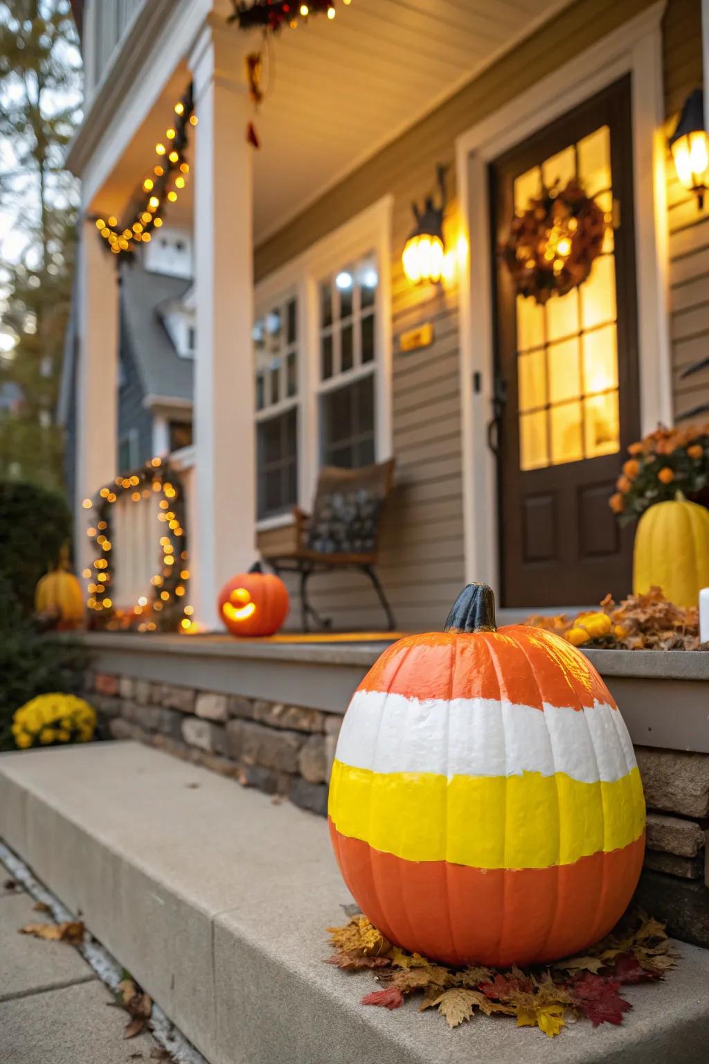 A pumpkin decked out in sweet stripes infuses a delightful hint into your Halloween décor.
