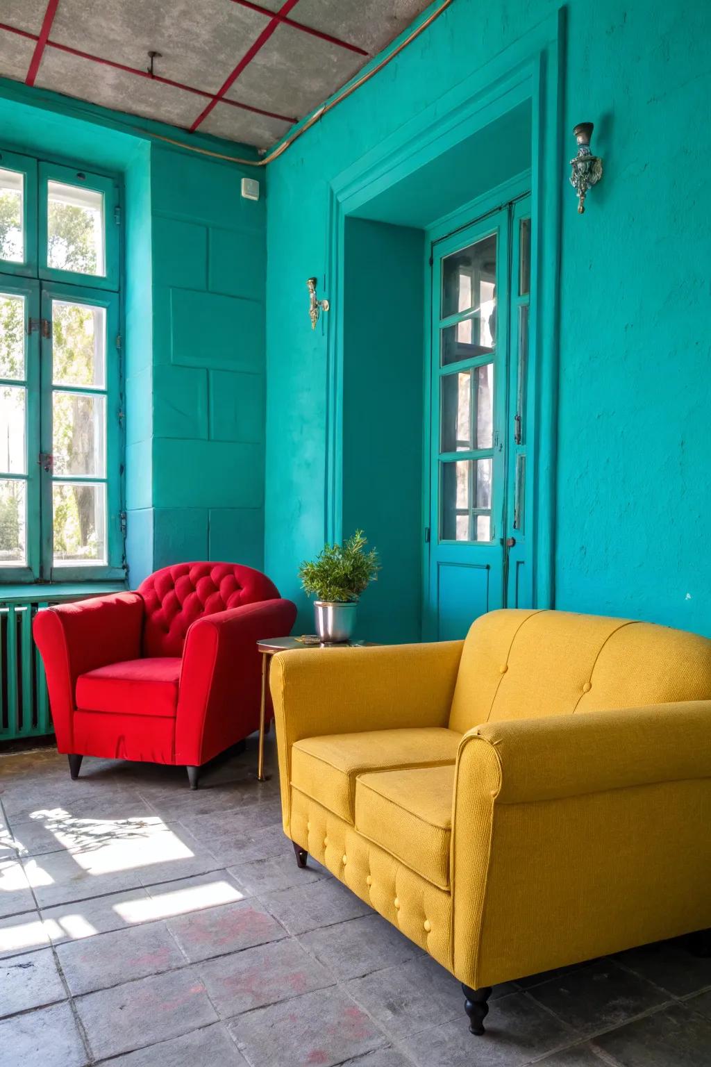 A room is revived with bright teal additions and colorful decor pieces.