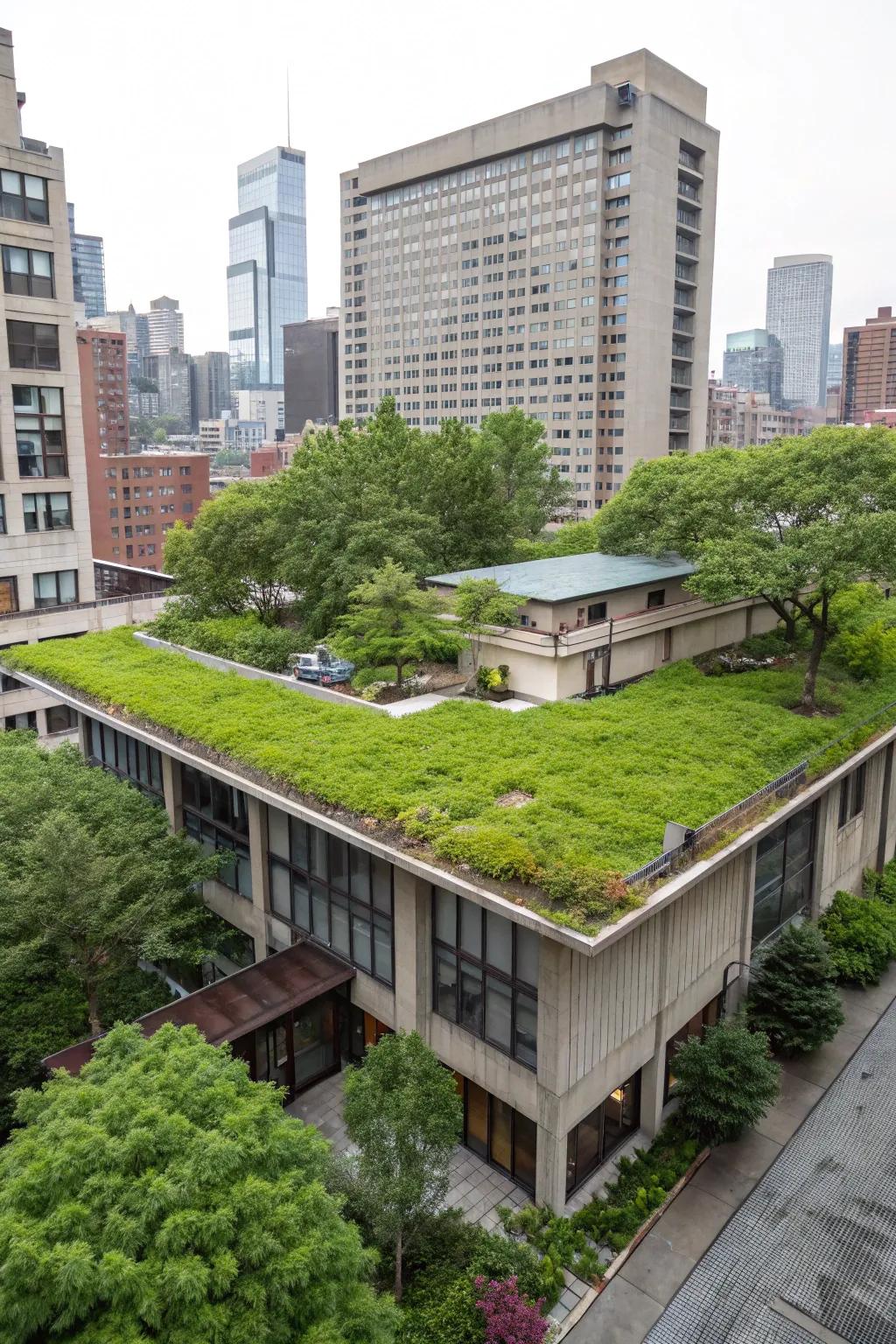 A residential building featuring a vibrant green roof, blending beautifully with the urban environment.