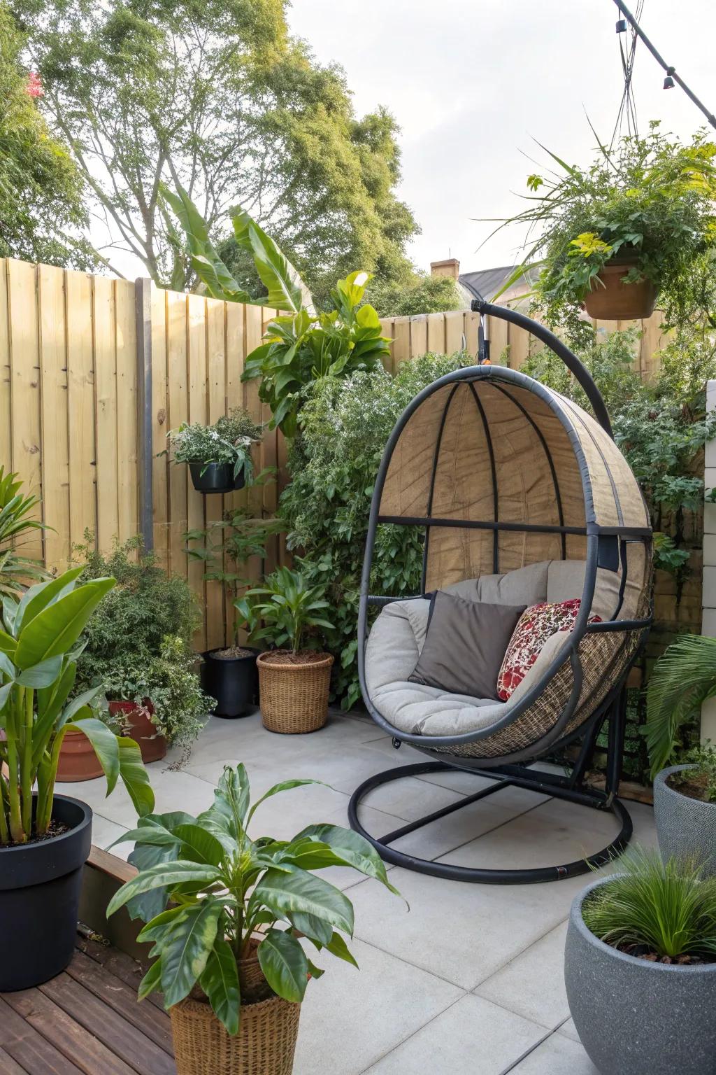 Craft a verdant paradise with an egg chair nestled amidst lush foliage.