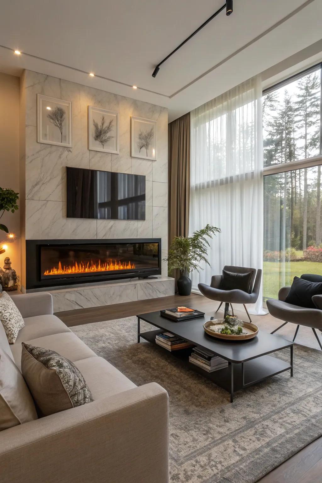 A contemporary lounge showcasing the electric fireplace as the main attraction.