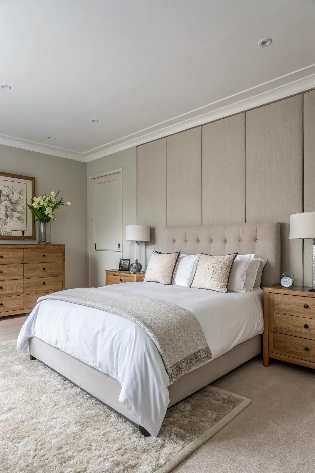 A contemporary luxury bedroom showcasing a refined neutral color palette.