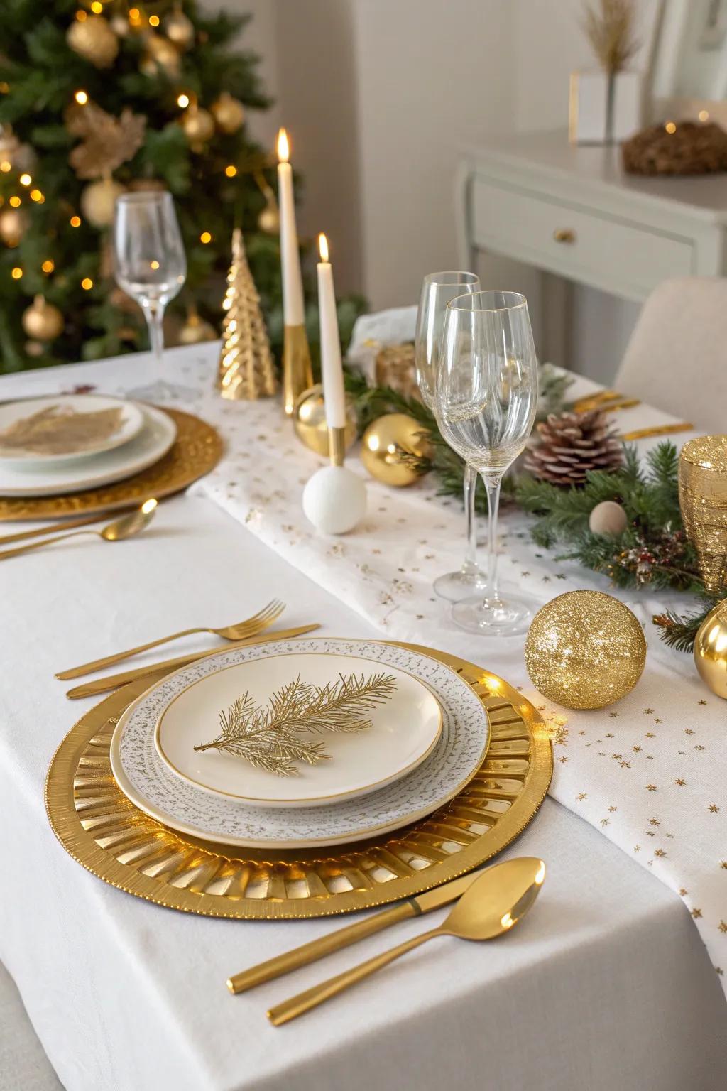 Gold and metallic accents enhance the table arrangement
