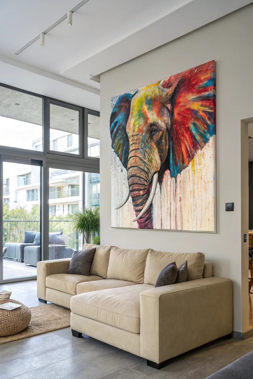 Abstract elephant canvases bring a lively splash of color and intrigue into your living area.
