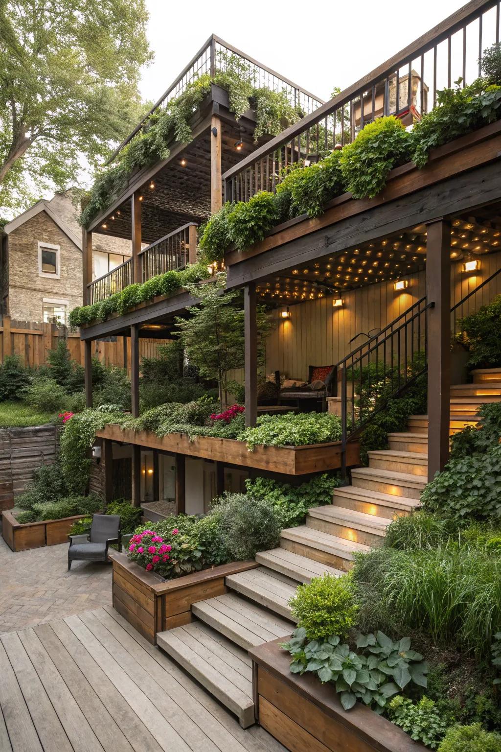 Tiered patios artfully establish separate zones ideal for both serene relaxation and convivial dining.