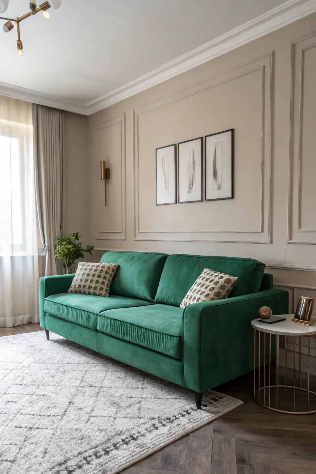 Neutral walls showcase the beauty of the emerald green sofa.
