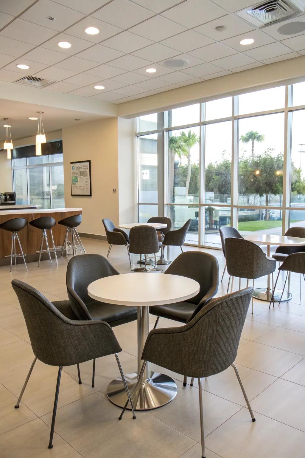 Sophisticated furnishings elevate the ambiance of the break room.