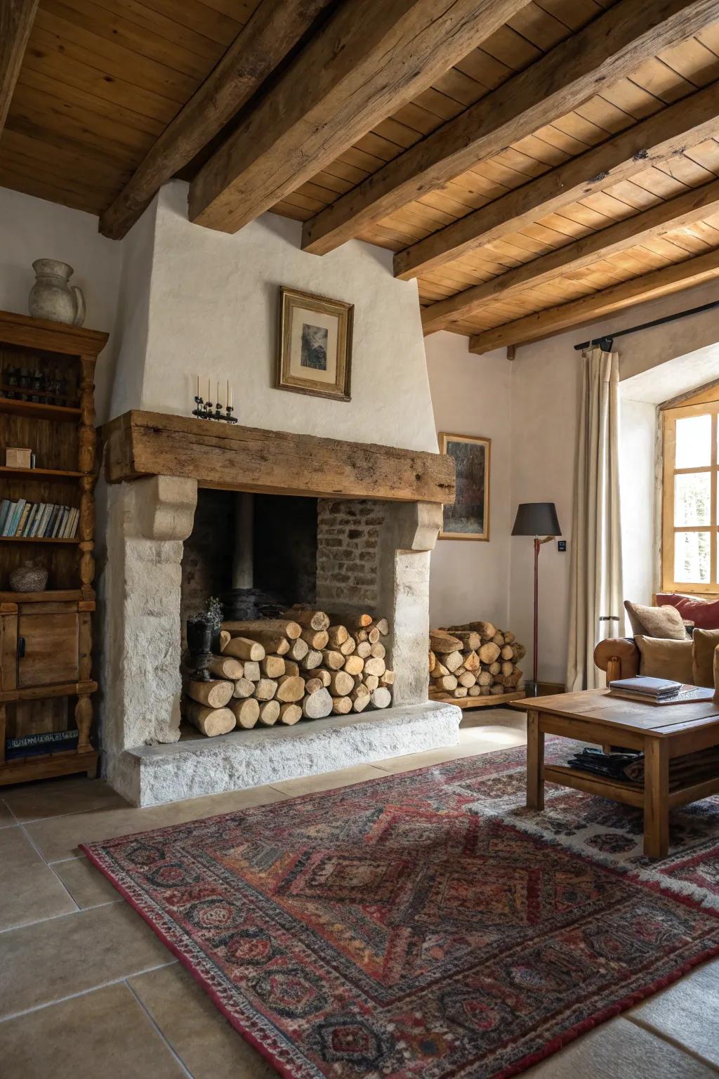 Create a snug, woodsy atmosphere by neatly arranging logs within your idle fireplace.