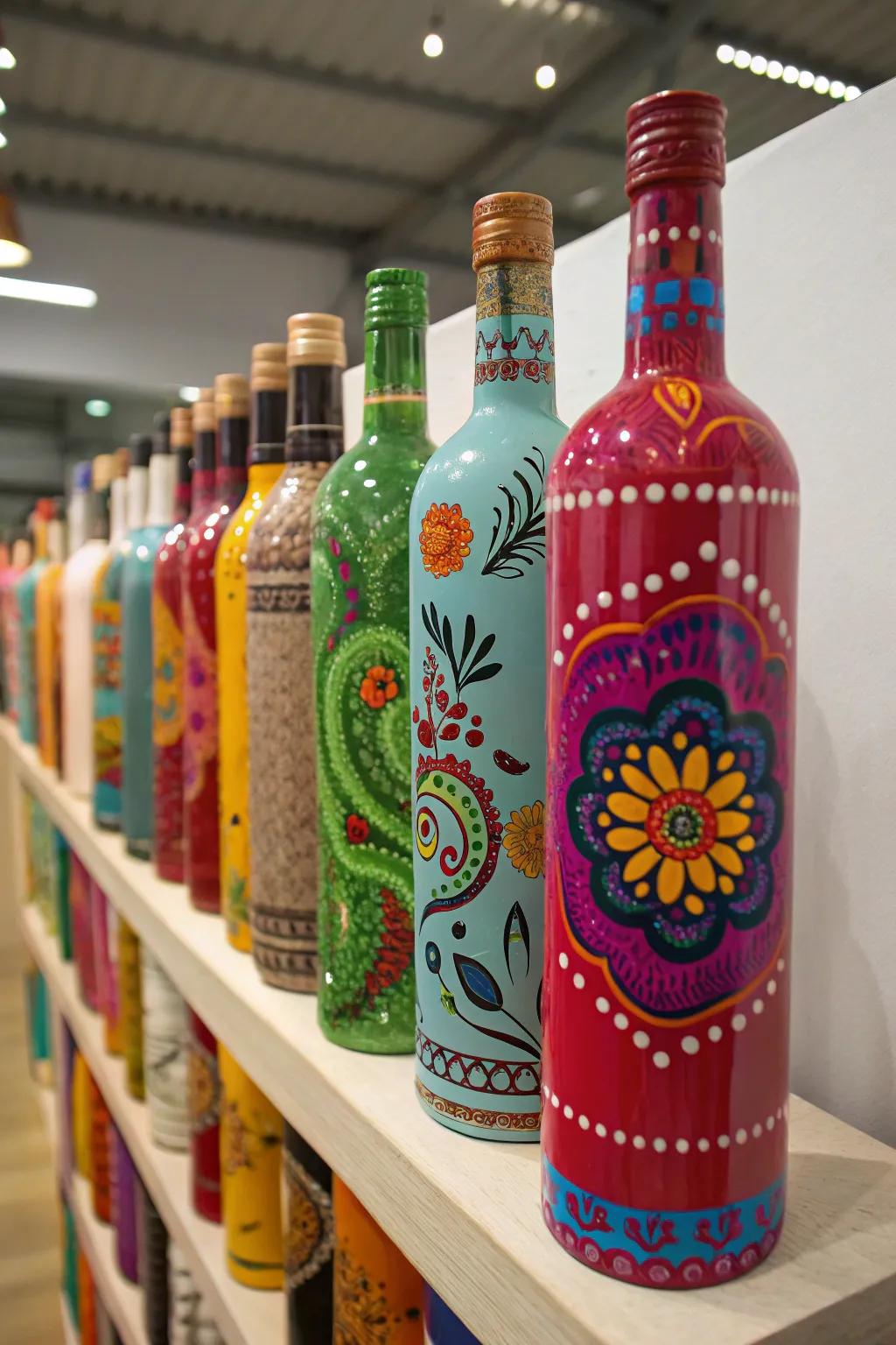 Painted liquor containers add a splash of color and creativity to any space.