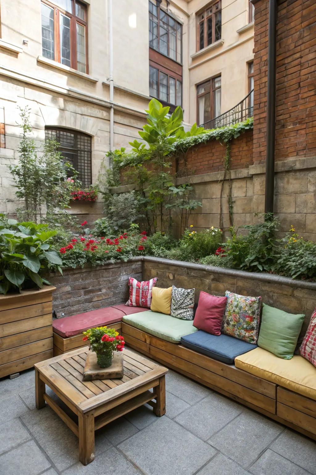Create a welcoming seating area with vibrant cushions for comfort and style.