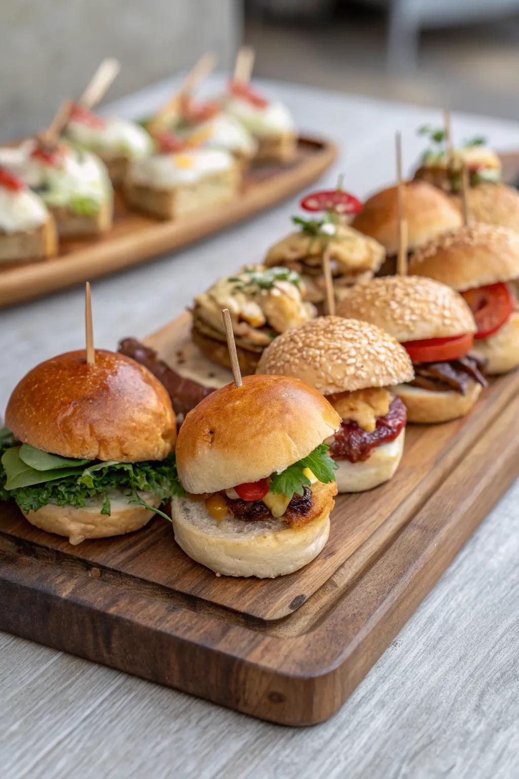 An enticing selection of miniature sandwiches and burgers, ideal for any sophisticated brunch event.