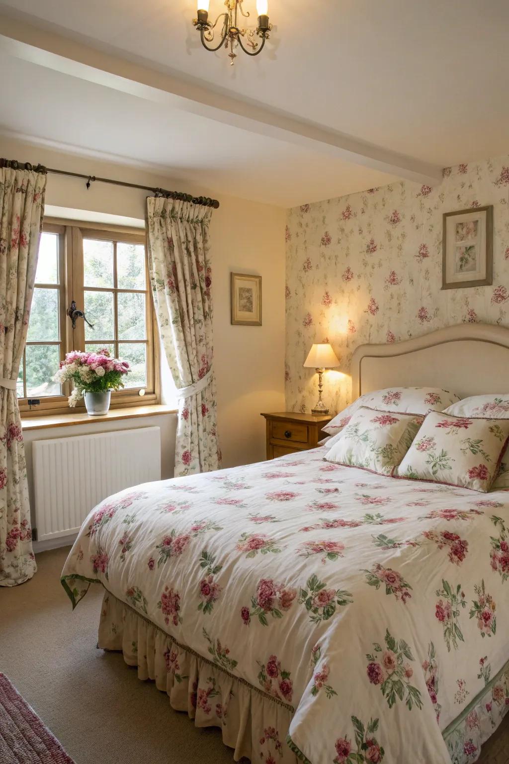 Flower patterns invite the serenity of the English countryside indoors.