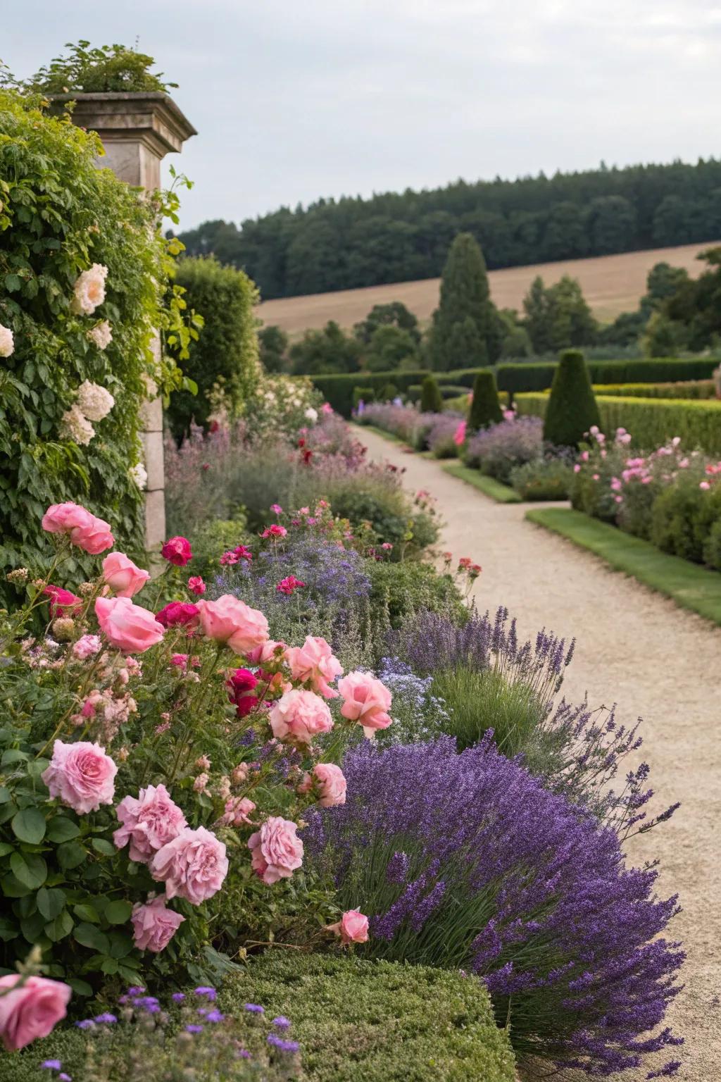 Lush botanical borders create an enchanting tea garden setting.