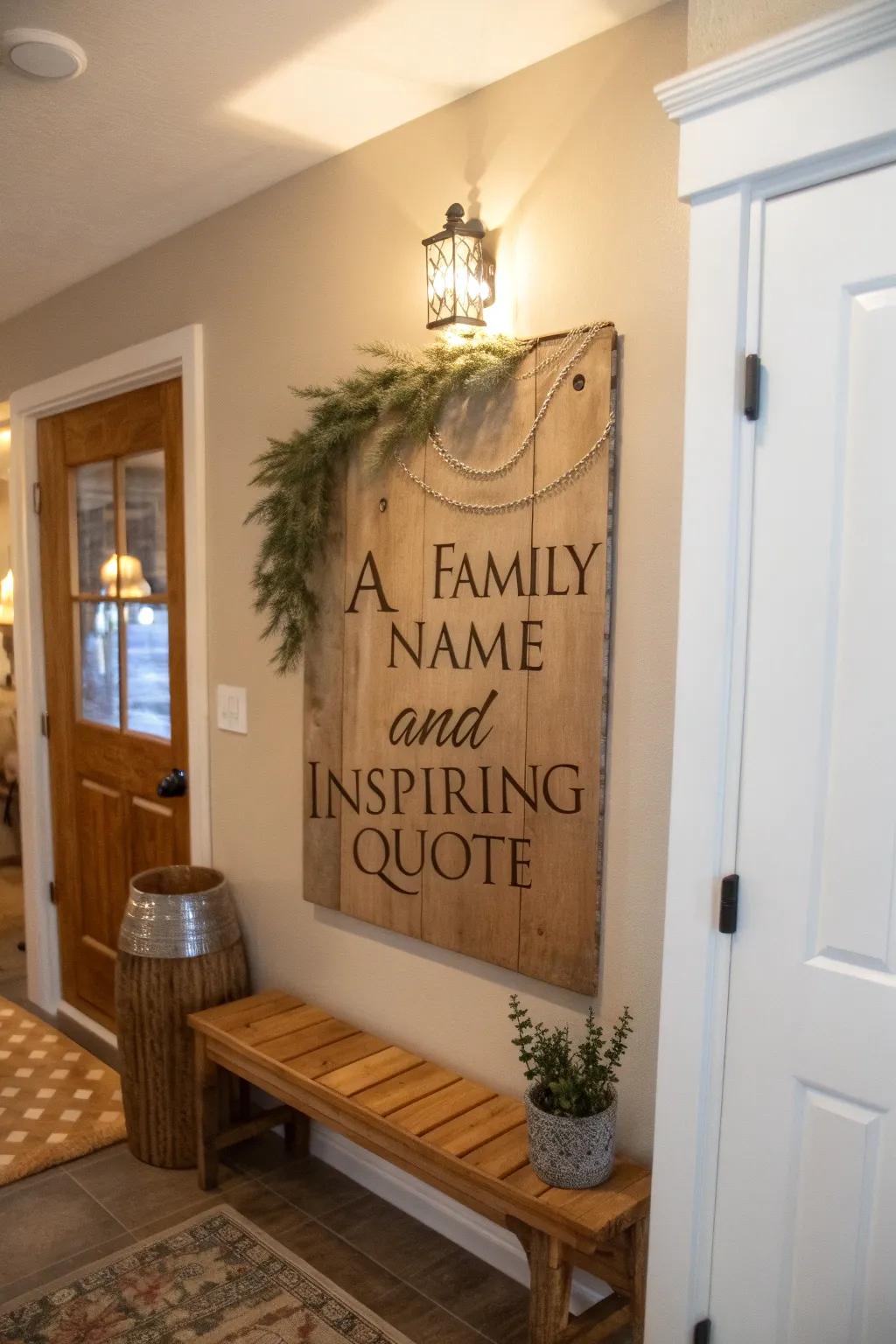 An engraved timber plaque adds a cozy and personal touch to any entryway.