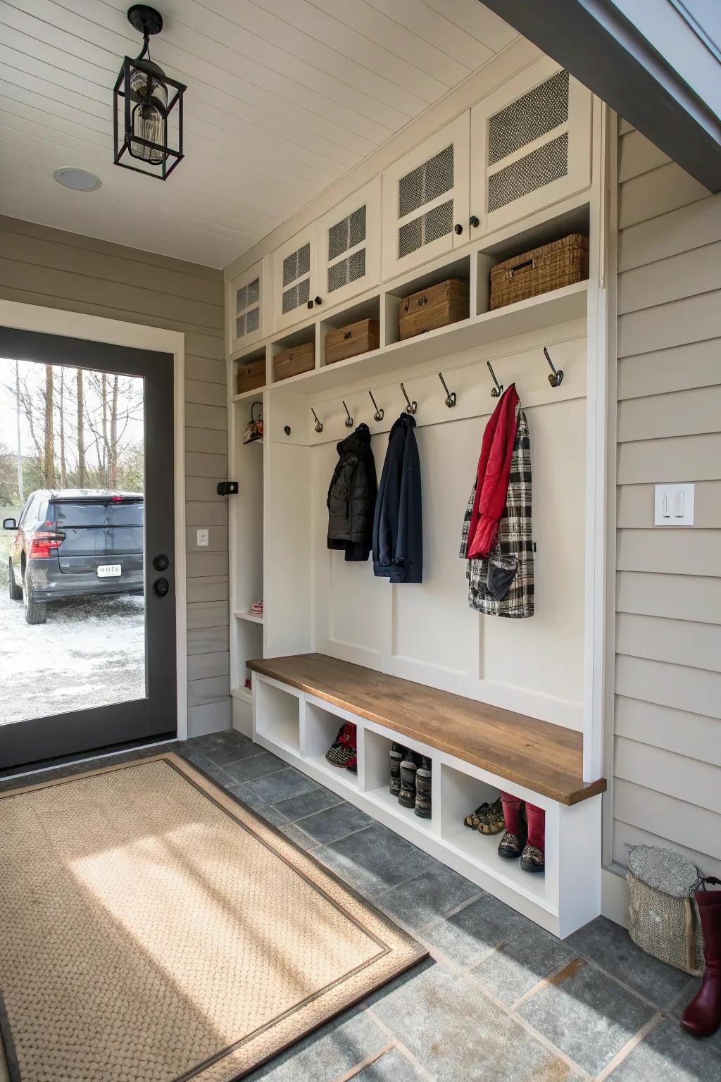 Transform your entrance into a useful mudroom with well-planned storage.
