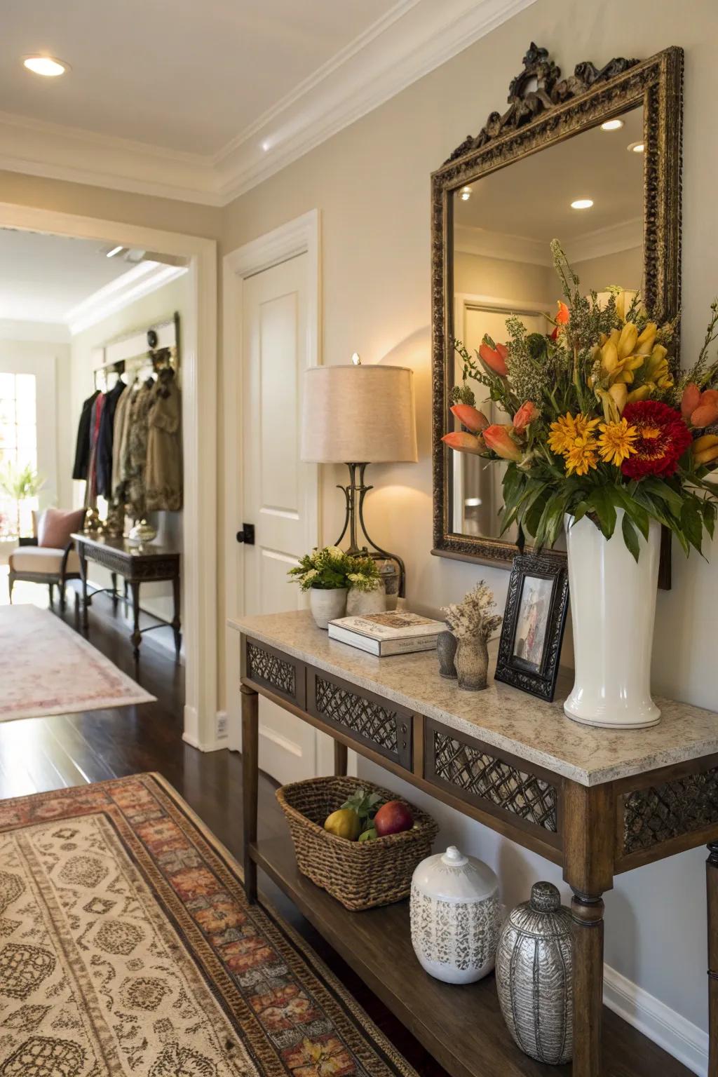 A display table with floral accents introduces both refinement and utility.