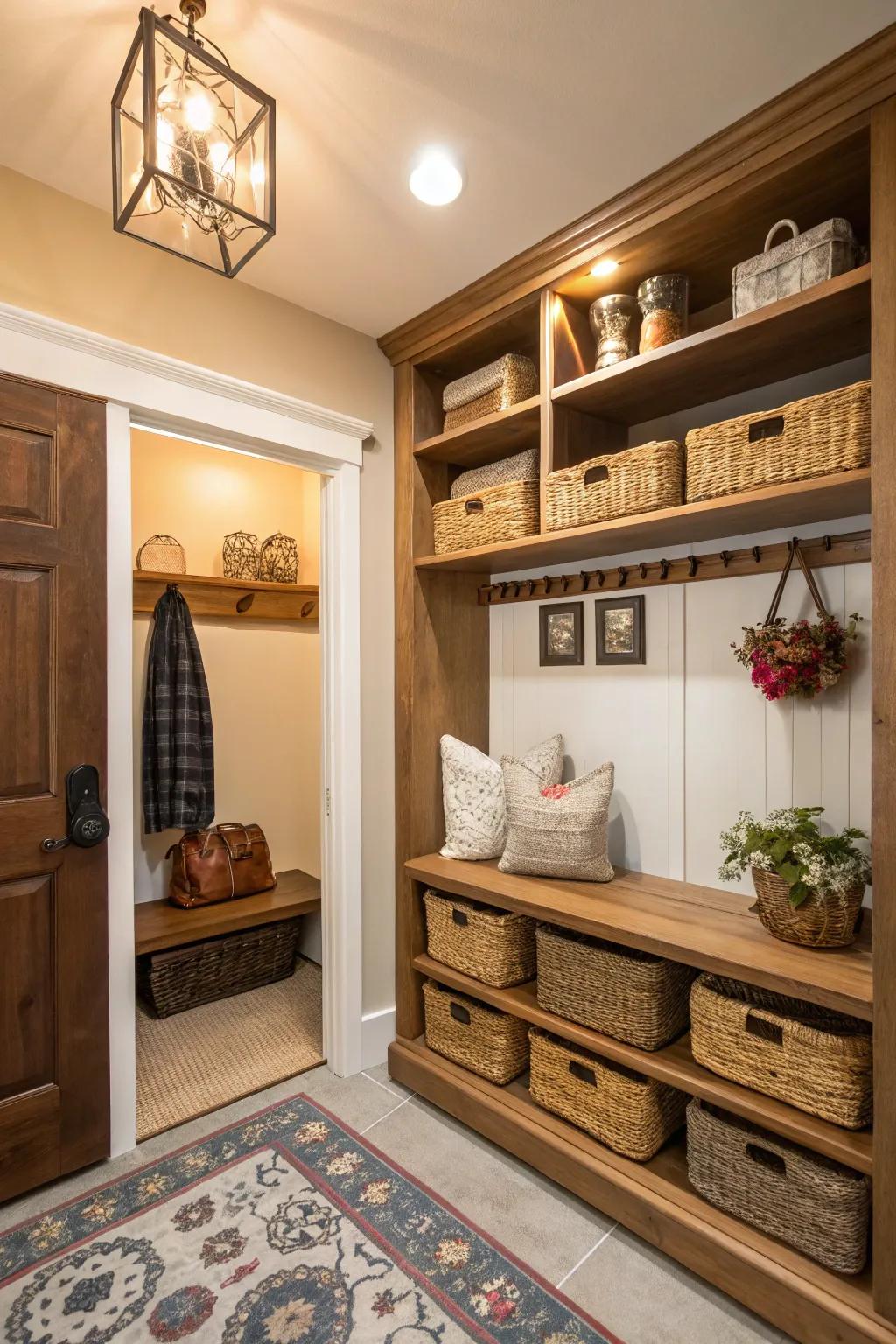 Open shelving brings a blend of style and practicality to your entryway.