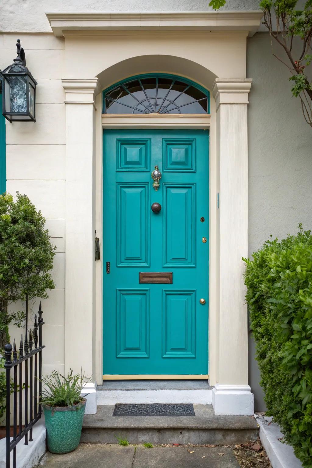 A bold teal front door that stands out against a neutral backdrop.