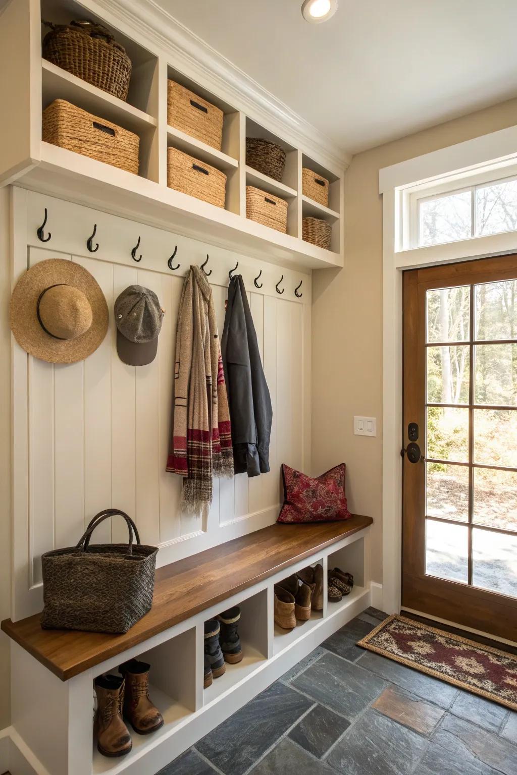 Clever vertical storage maintains the efficiency and order of this mudroom.