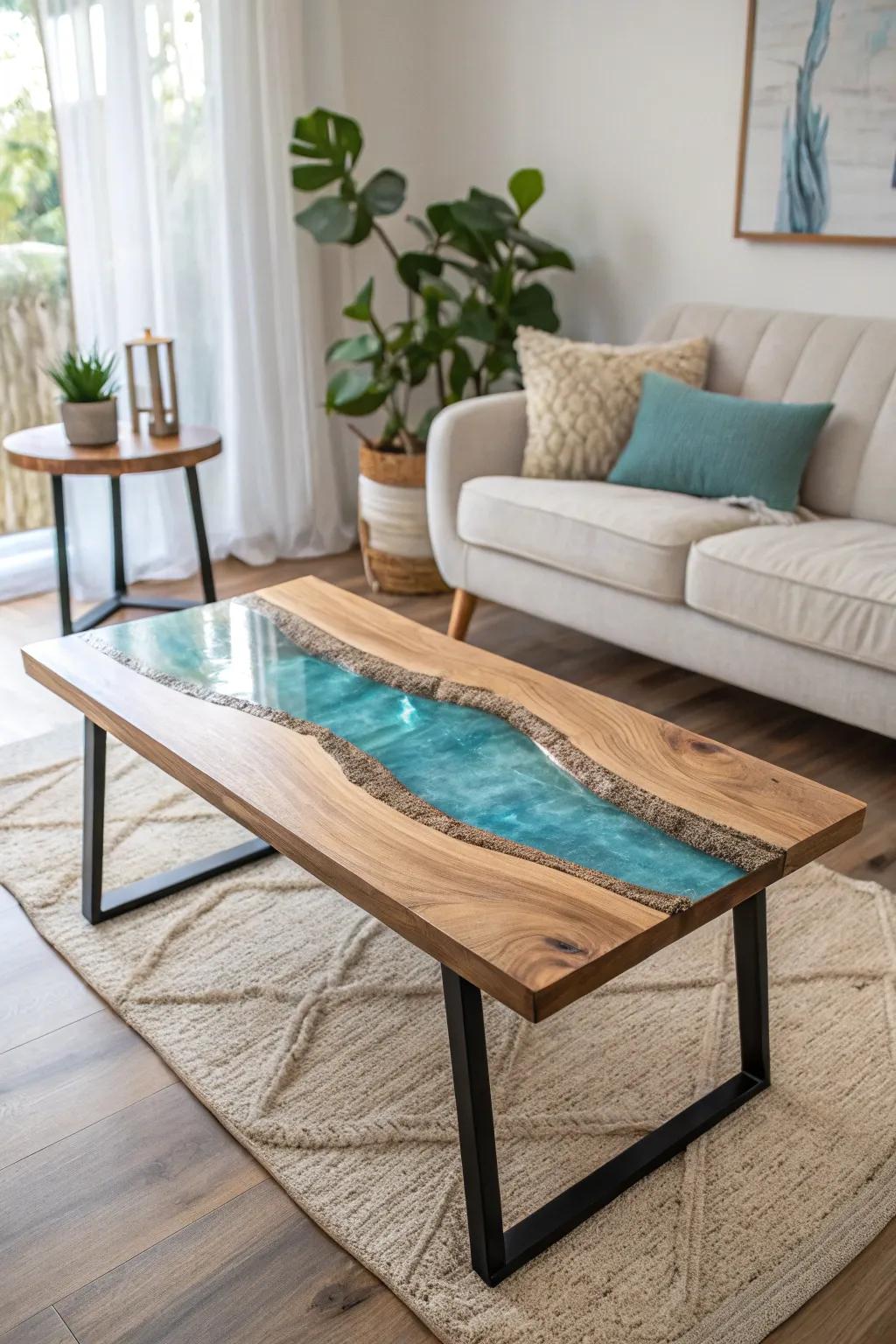 Introduce the serenity of a flowing current into your abode with this magnificent epoxy river coffee table, a flawless fusion of natural and refined design.