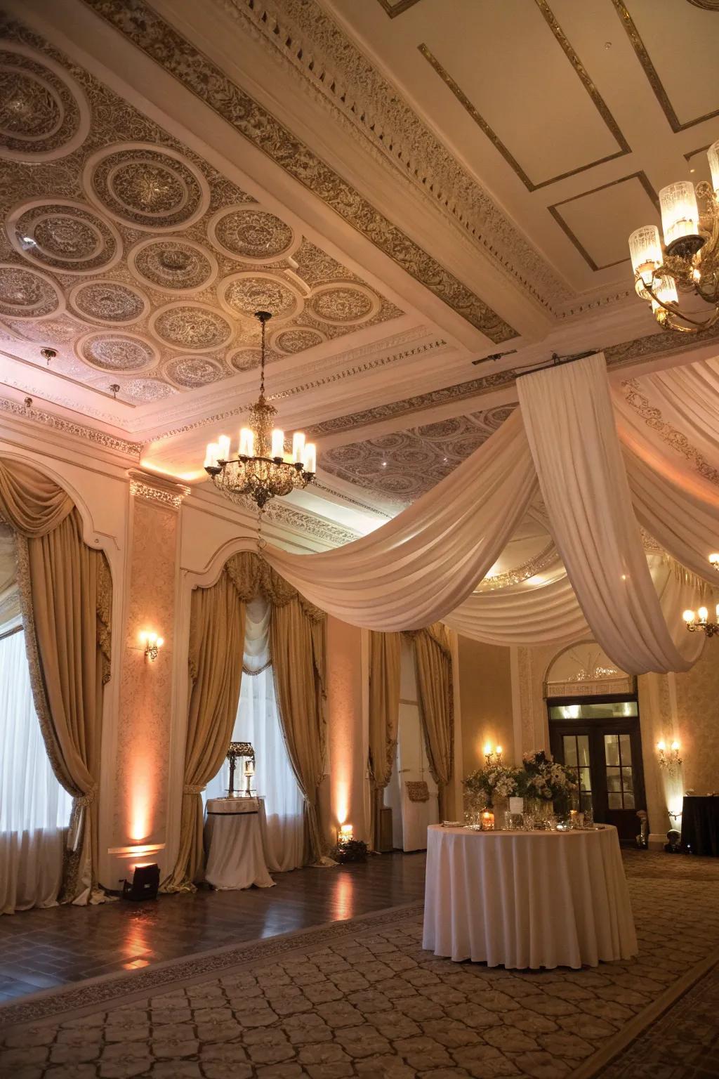 Ceiling drapes introduce a touch of class and depth.