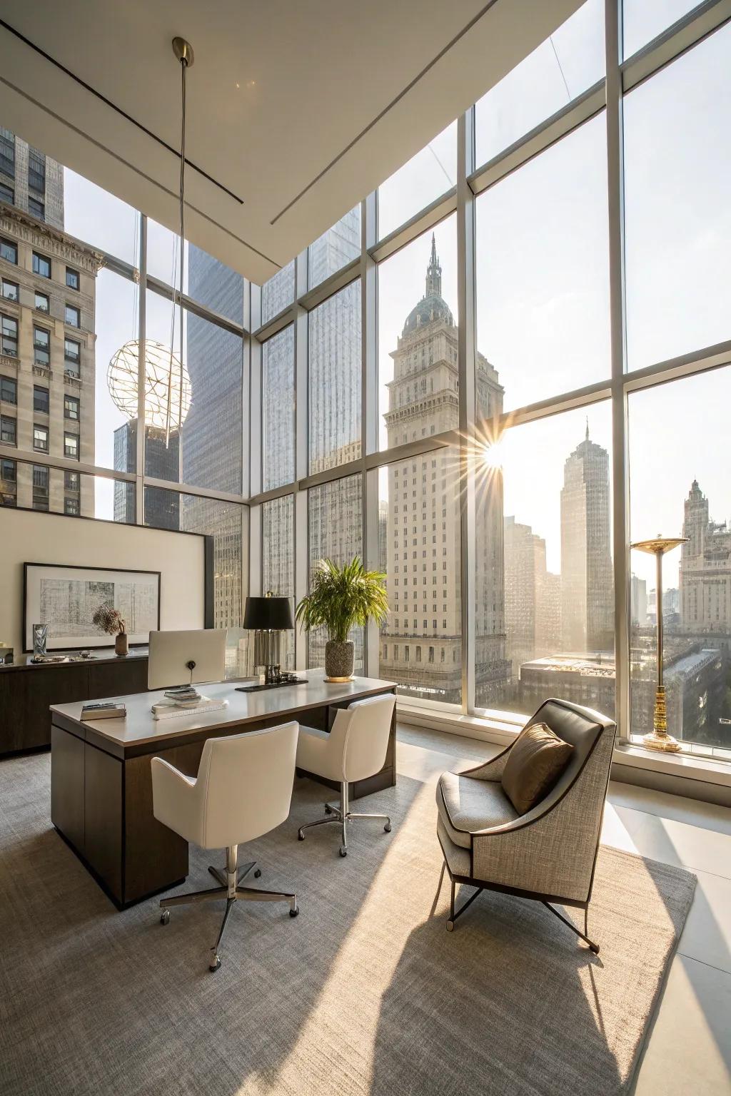 A professional office full of sunlight, showing off its simple decorations.