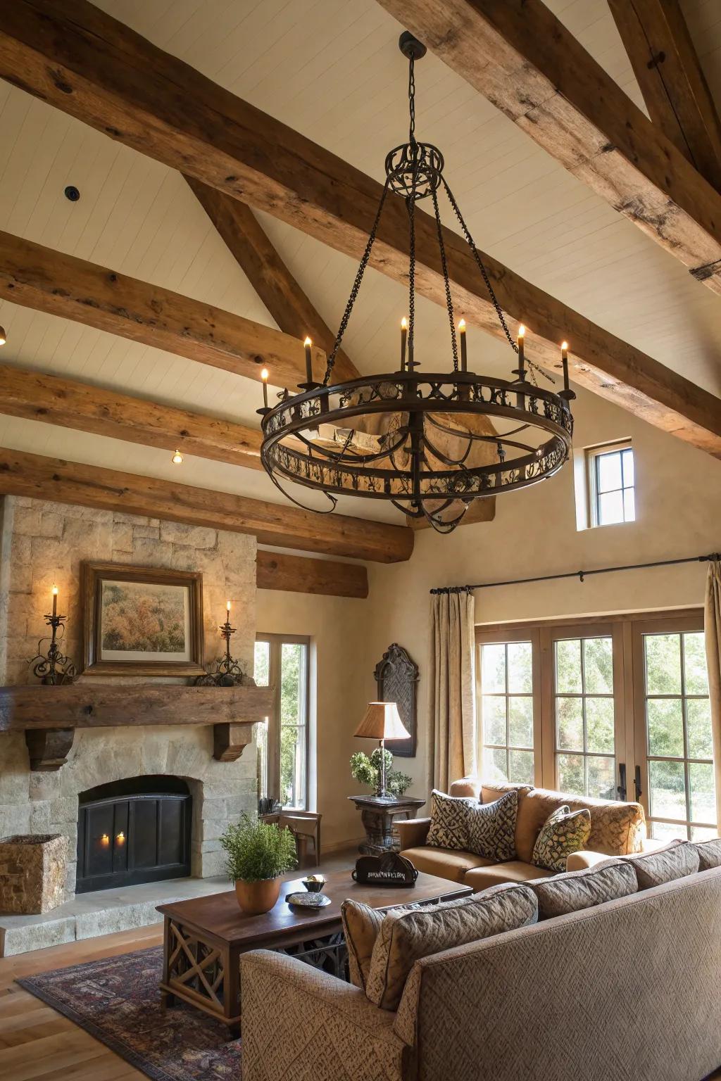 Where rustic allure encounters sophistication, embodied by a classic iron candelabra.