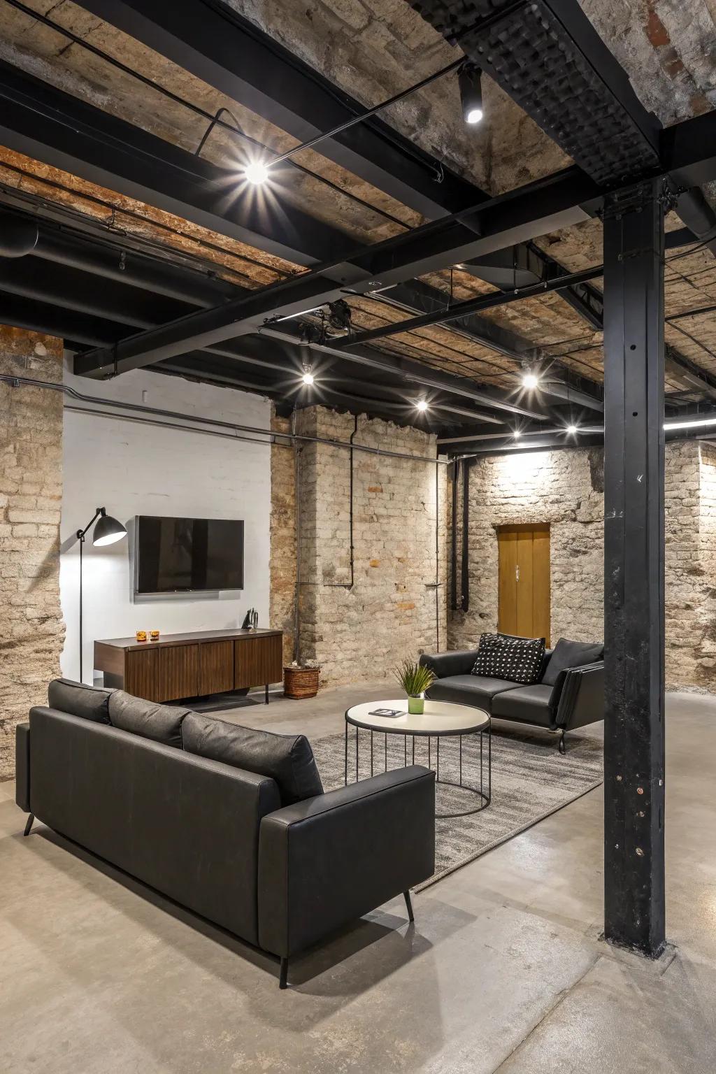Realize a polished, factory-inspired look with ceilings painted black and modern decorative items.
