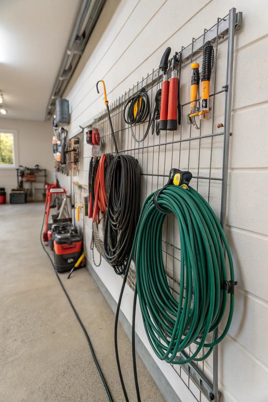 Employ wall-mounted racks to achieve organized and accessible cord storage.