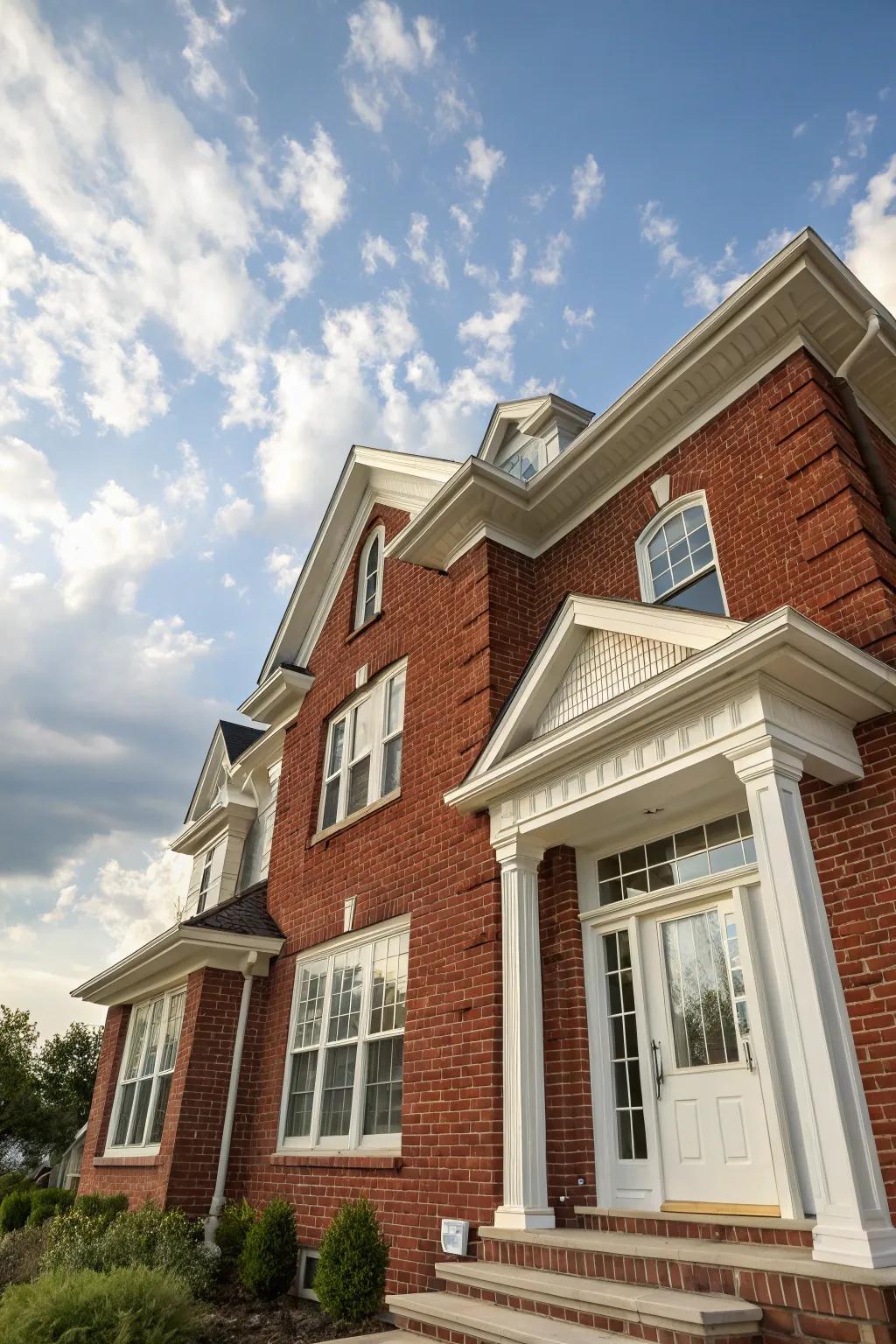 Classic red brick and white trim craft a timeless facade.