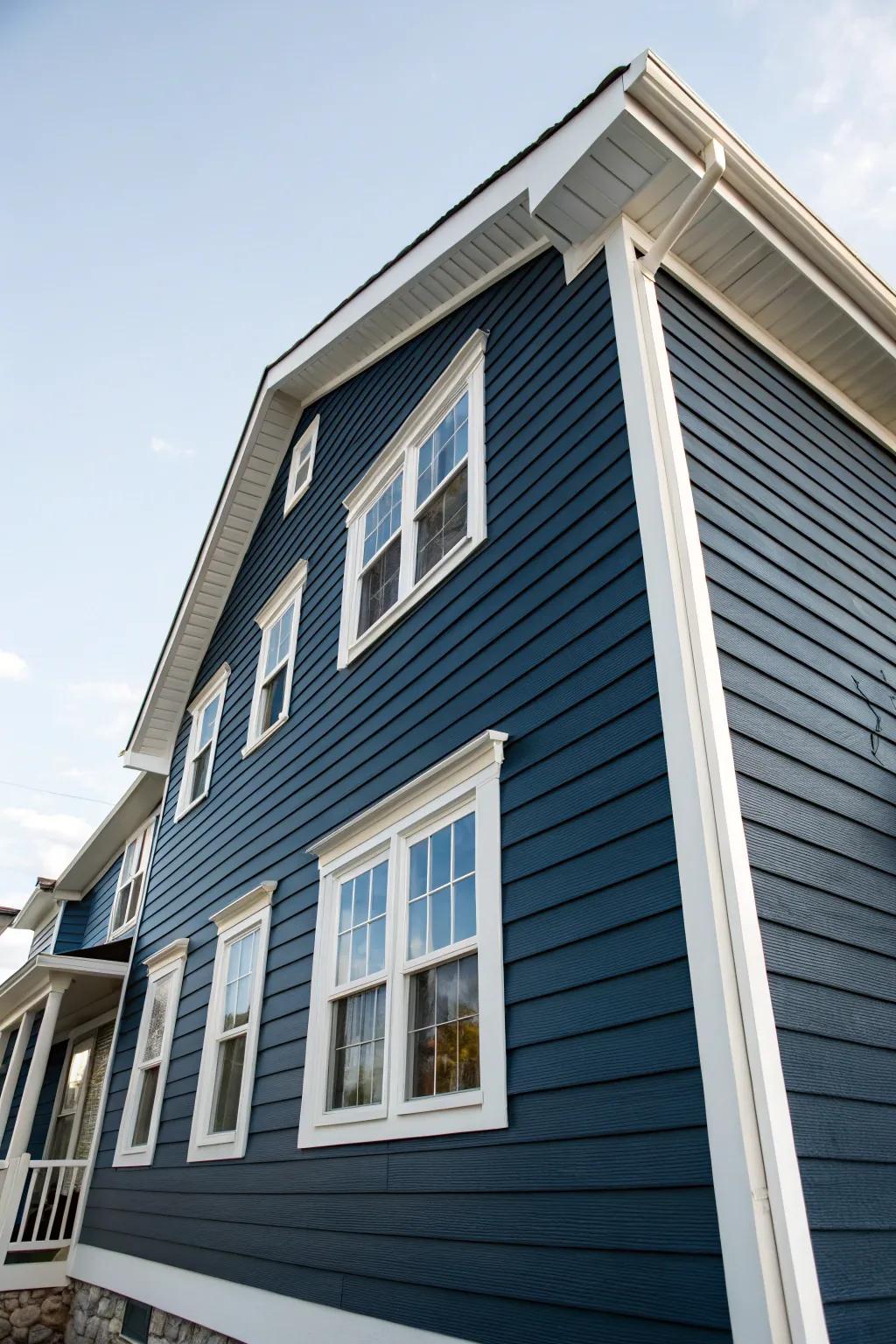 Light window frames beautifully complement dark blue siding.