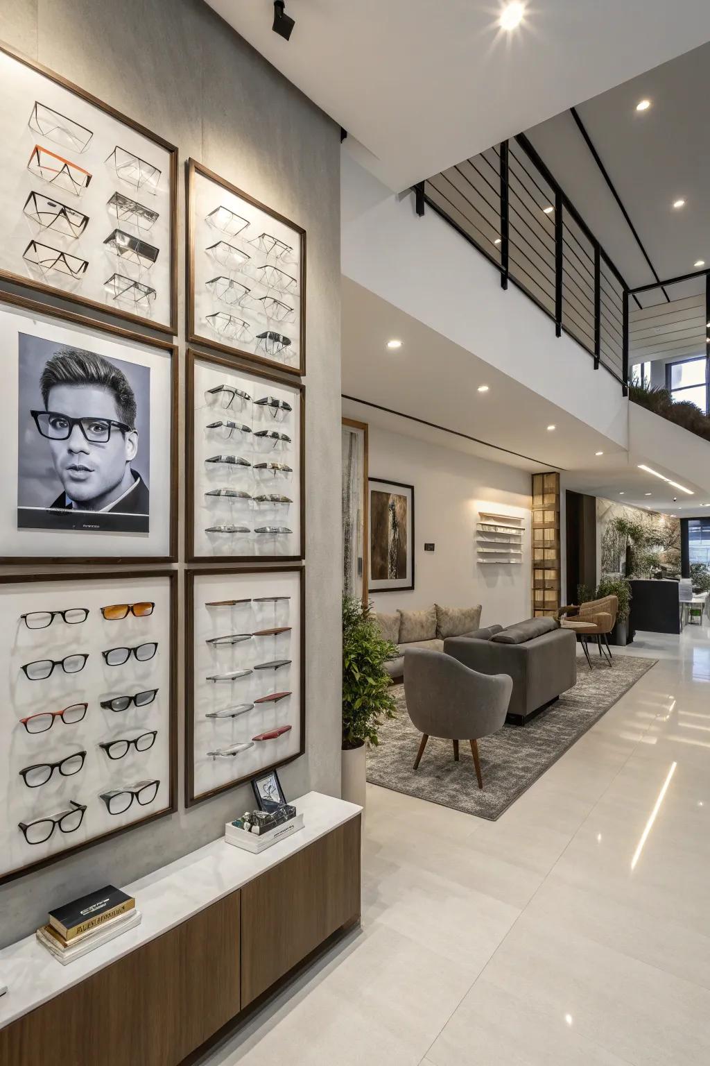 Transform your eyeglasses into art using wall-mounted frames.