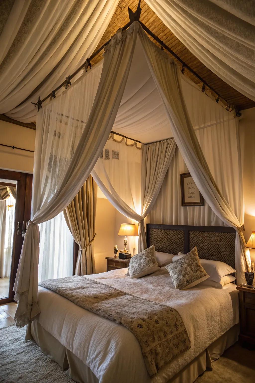 Design a dreamy escape with a topper-style fabric ceiling.