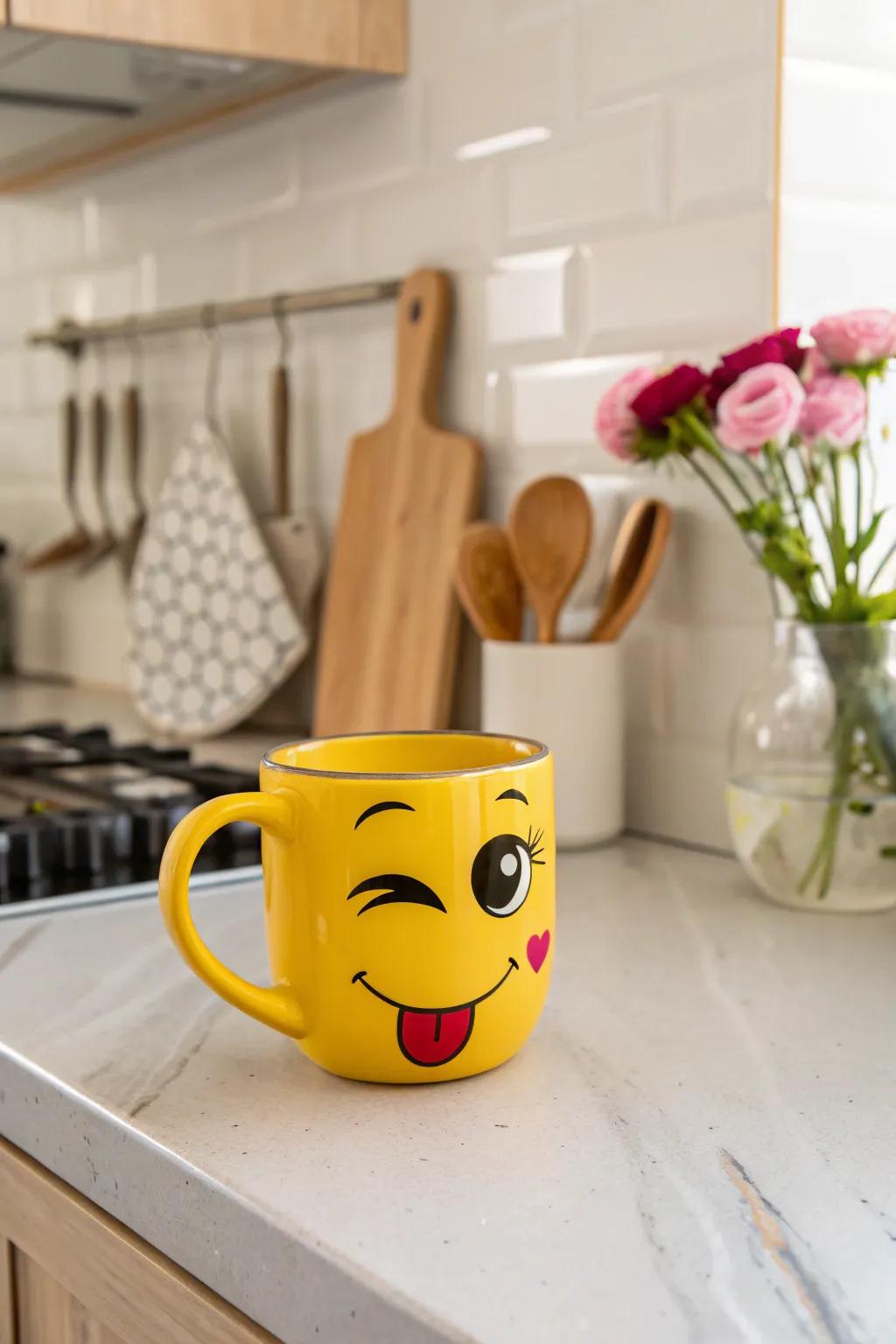 A facial mug with a playful, exaggerated wink to start your day with a smile.