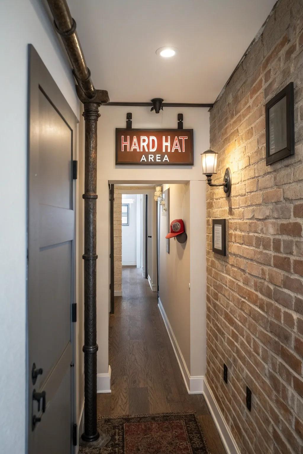 A chic hallway adorned with a safety-inspired 'Hard Hat Zone' marker.