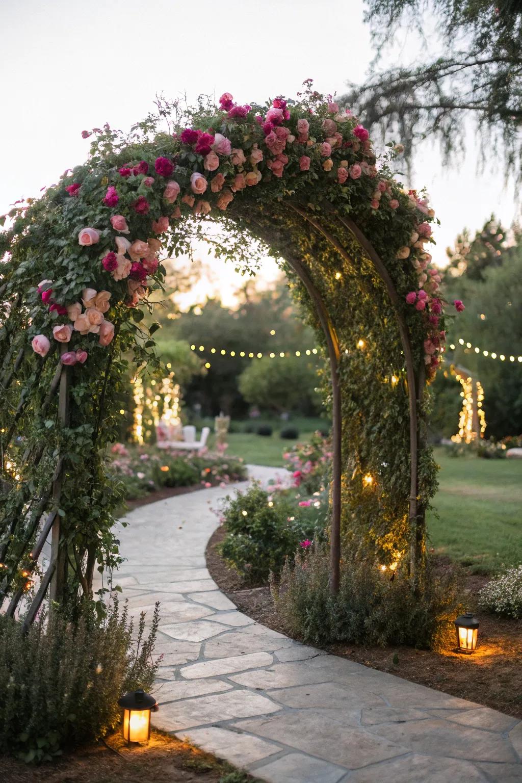 A magnificent floral archway warmly invites guests into the captivating fairy garden.