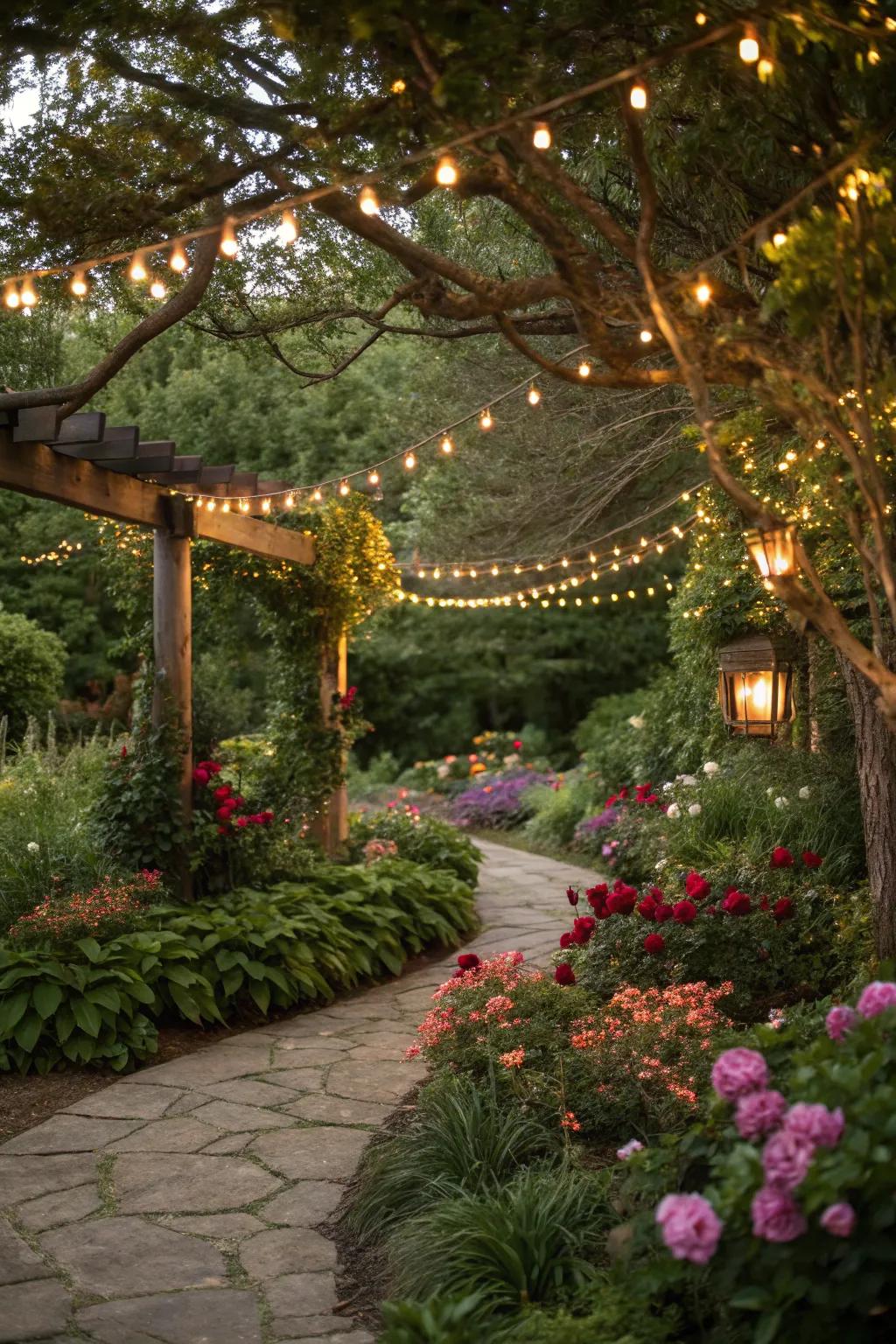An outdoor garden converted into a whimsical fairy-realm.