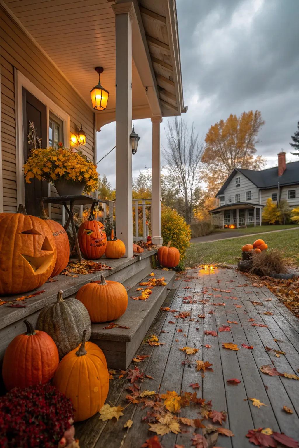 A porch adorned with a diverse assortment of gourds for the fall season.