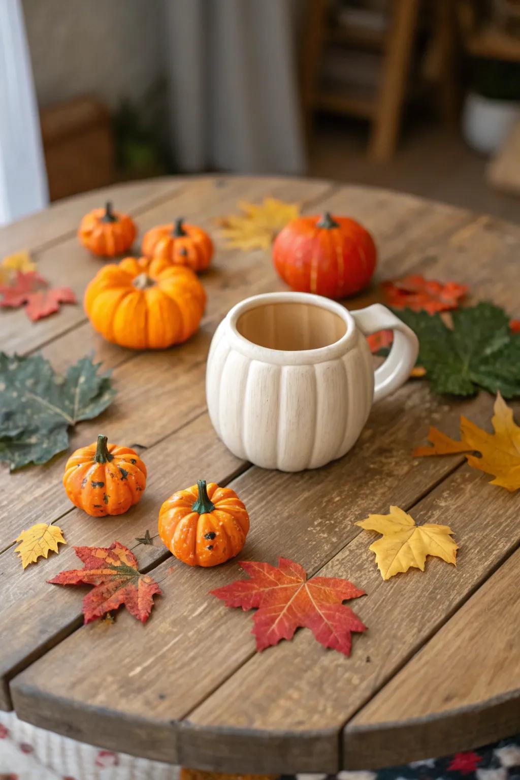 A ceramic cup shaped like a pumpkin, ideal for the fall season.