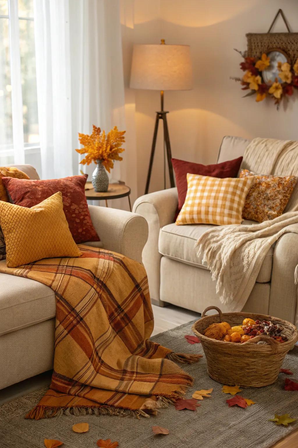 Earthy tones like orange and brown draw the heart of fall right into your living space.