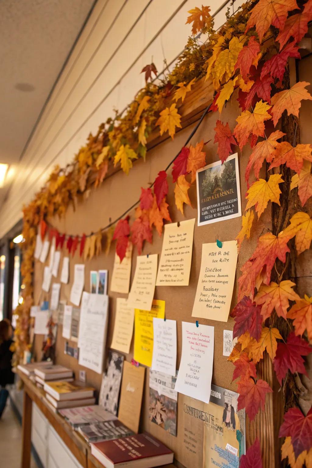 A variety of radiant fronds and literary titles displayed on a bulletin board celebrating fall.