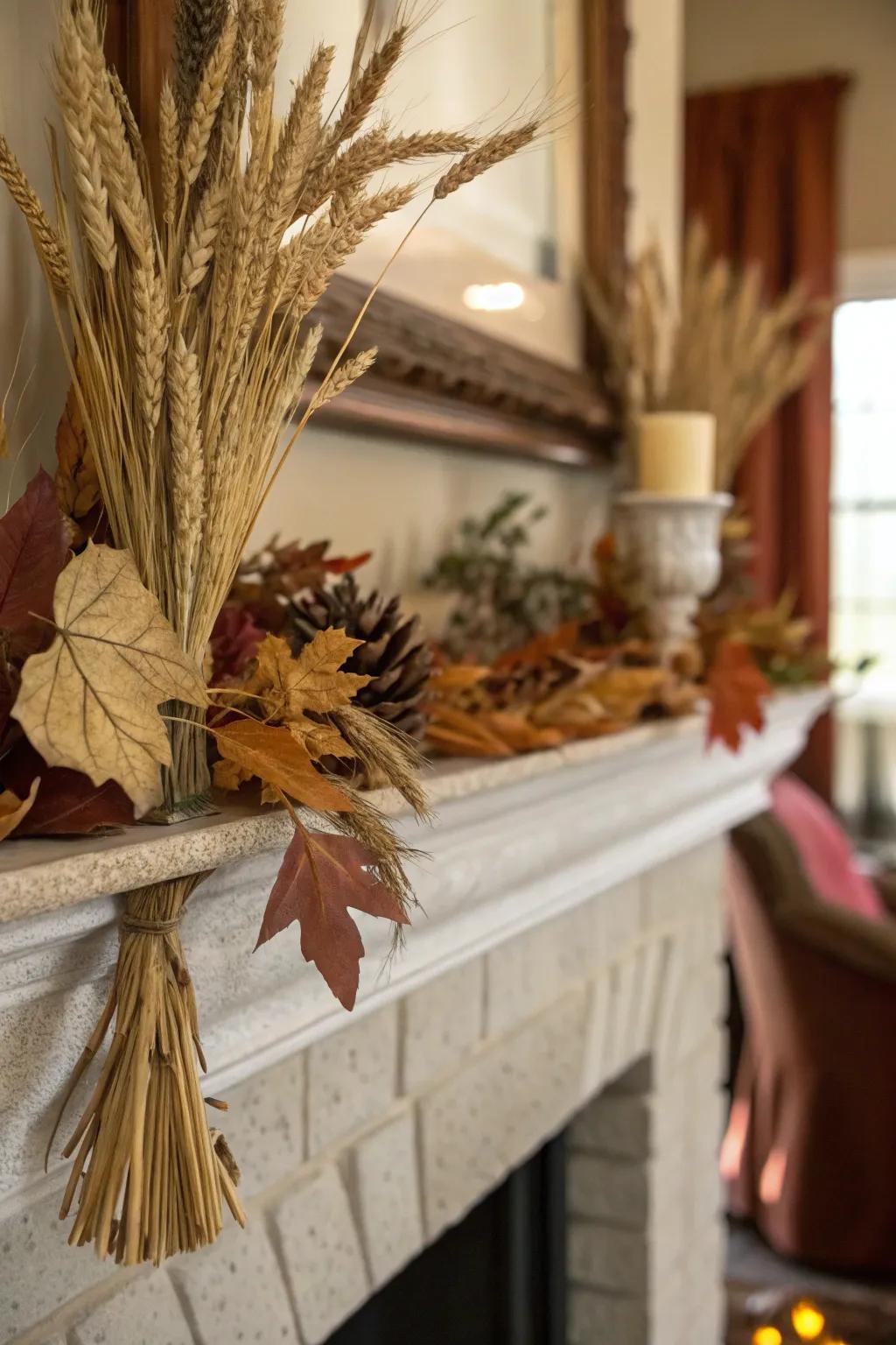 A mantel graced with foliage and grain bundles, perfectly capturing the essence of fall.