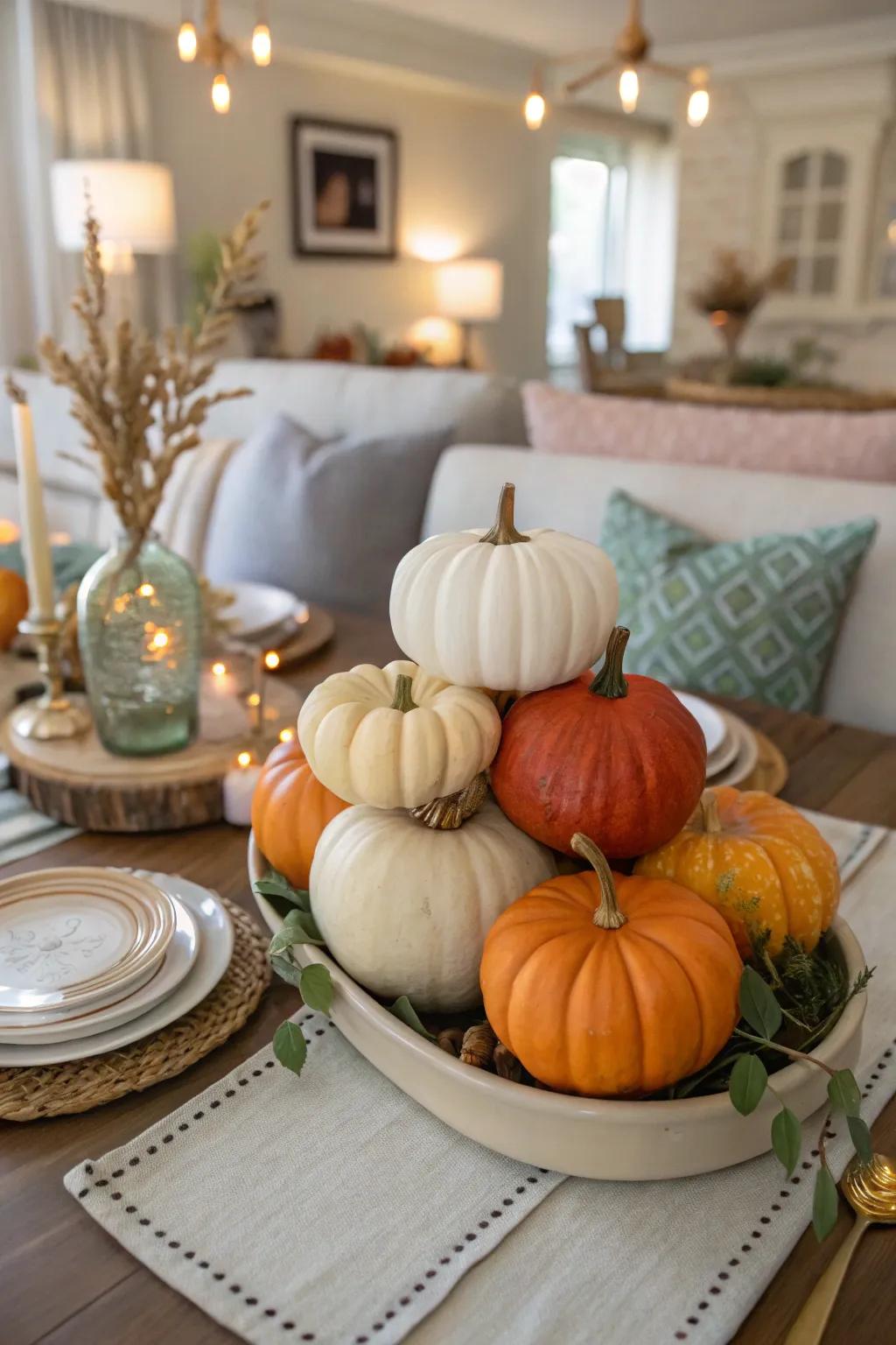 Utilize squashes of different sizes to design a delightful fall centerpiece.